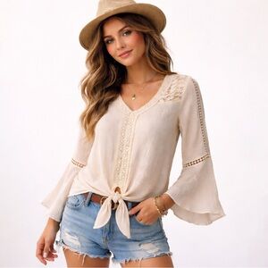 Peasant Blouse Crochet Lace Boho Bell Sleeve Tie Front Cream Small Studio JPR
